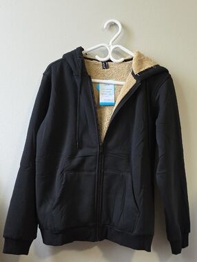 Black Sherpa-Lined Zip Hoodie Jacket - Unbranded